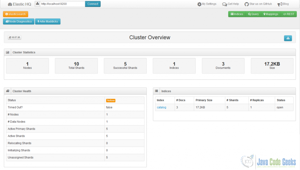 An example of elasticsearch-HQ showing catalog index and cluster status